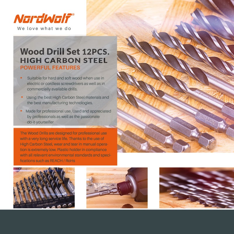 NordWolf 12-Piece Brad Point Wood Drill Bit Set for Carpenter Woodworking, Double Flutes Design with 1/4"" Hex Shank, SAE Sizes 1/8"" to 1/2"" - Image 5